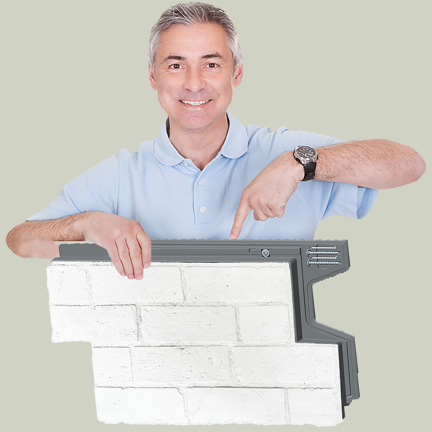 Man holding thin-skin of faux white brick